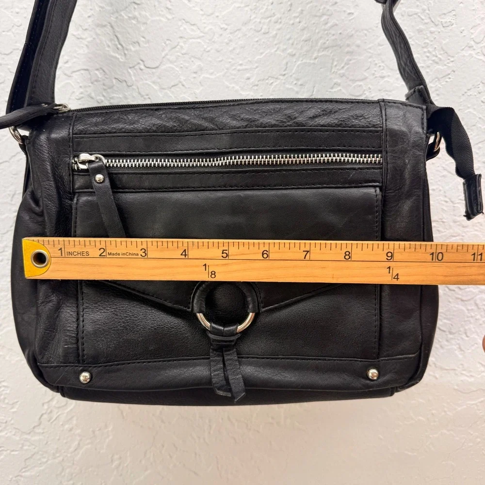Great American Leather Works Black Leather Crossbody Organizer Bag Silver Ring